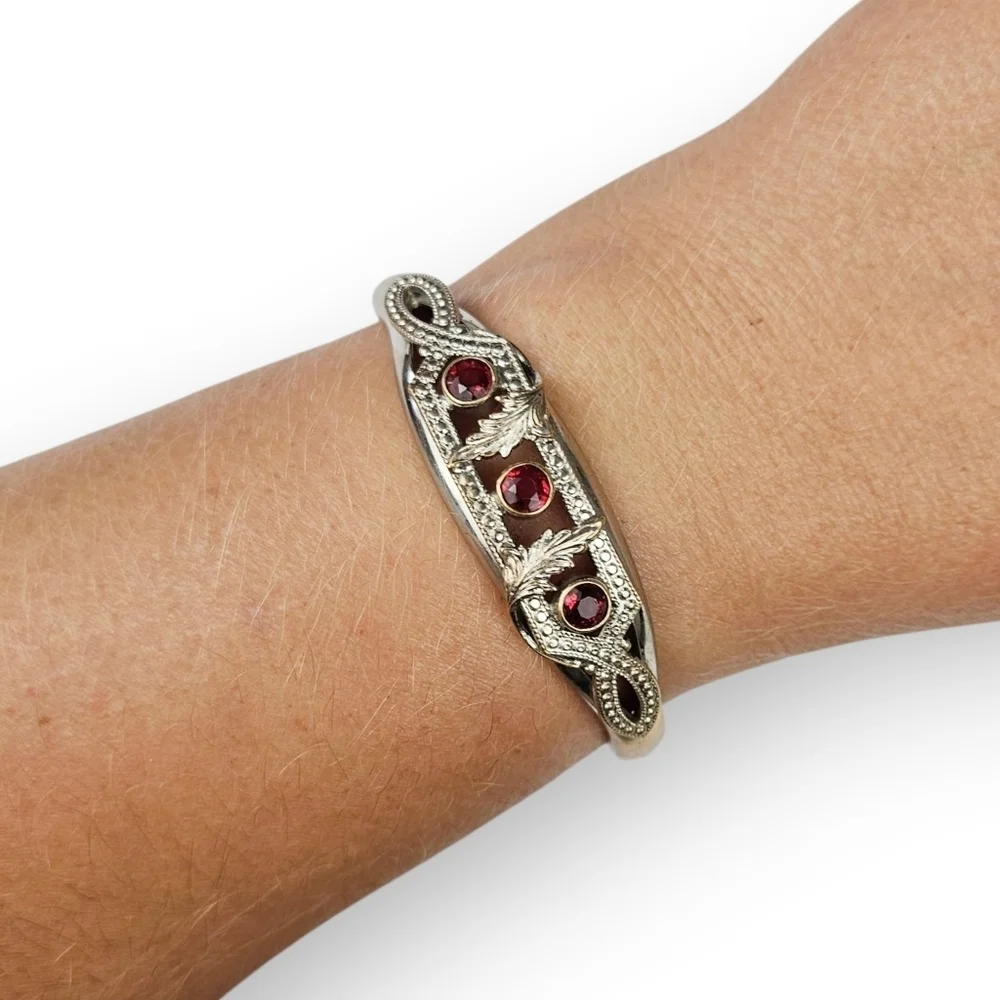 Victorian Revival Floral Cuff Bracelet Ruby Red Glass Silver Tone Vintage 7.25